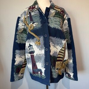 Keren Hart Vintage Nautical Tapestry Jacket – Lighthouse & Sailboat Scene